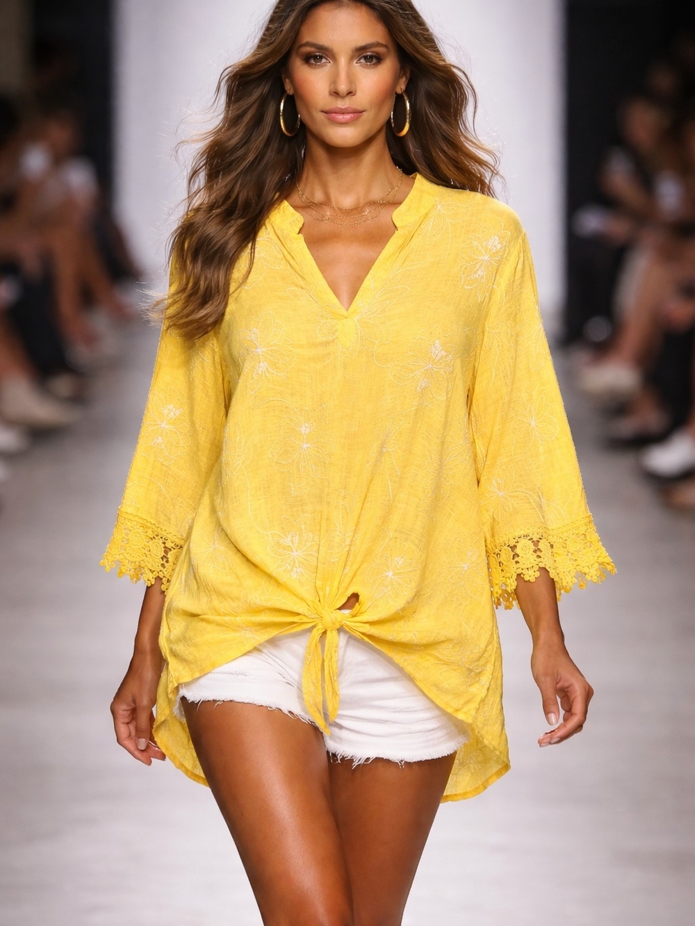 Sunshine Yellow Lace-Trim Tie-Front Tunic by